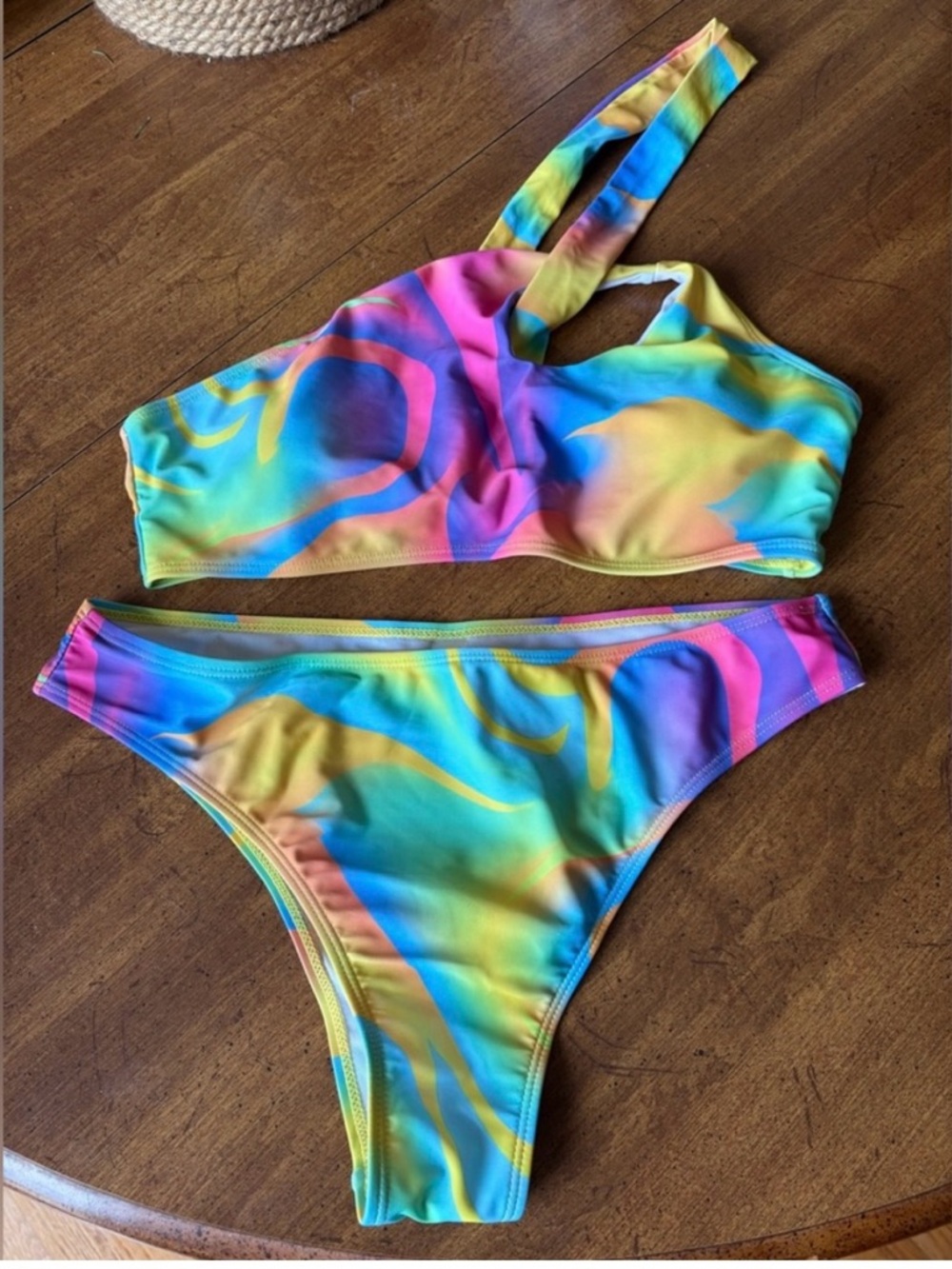 Source Unknown Multicolor Tie-Dye One-Shoulder Bikini - Blue, Yellow, Pink